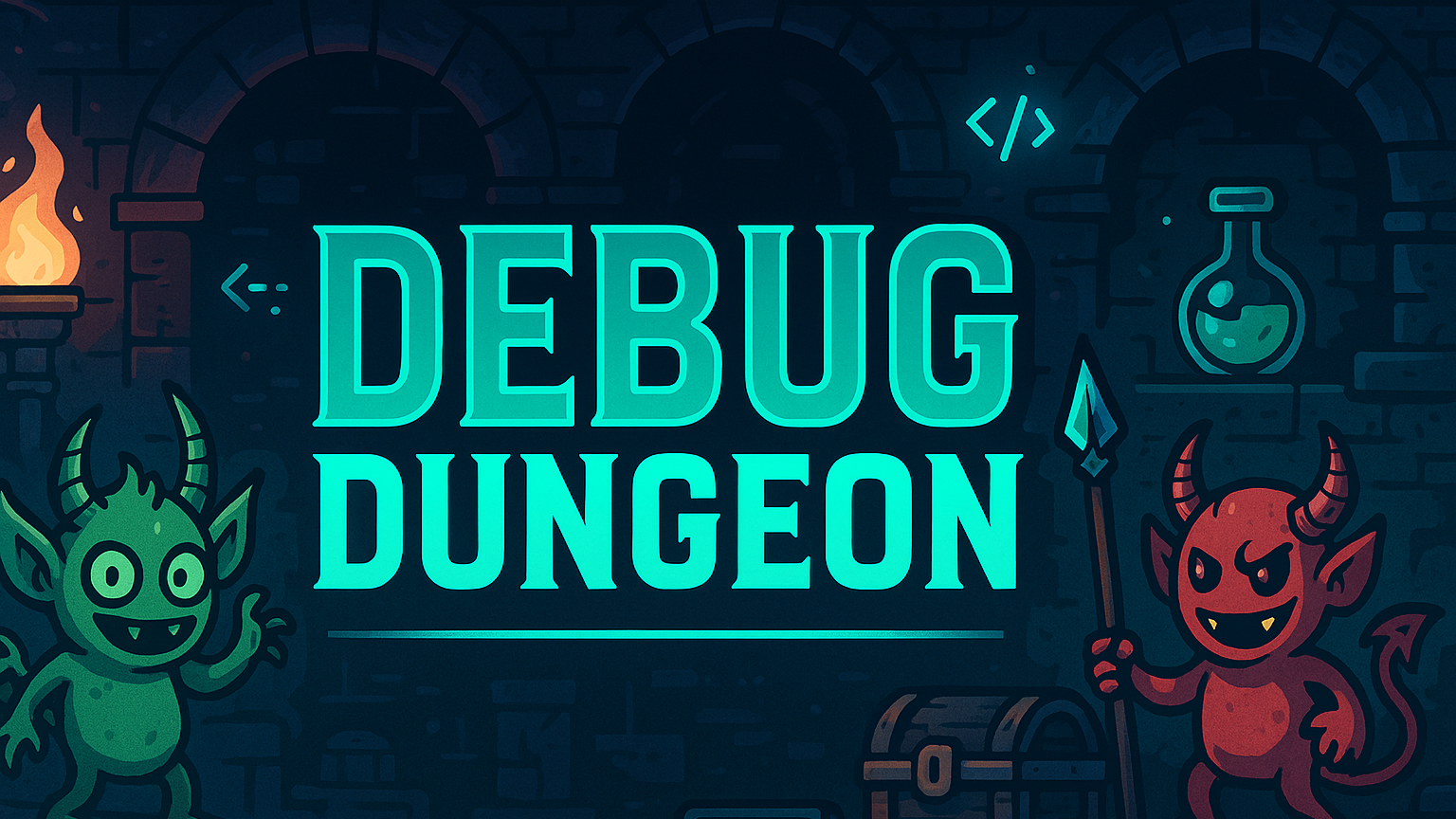 Title 'DEBUG DUNGEON' with cartoon characters in a dungeon setting on a dark background.